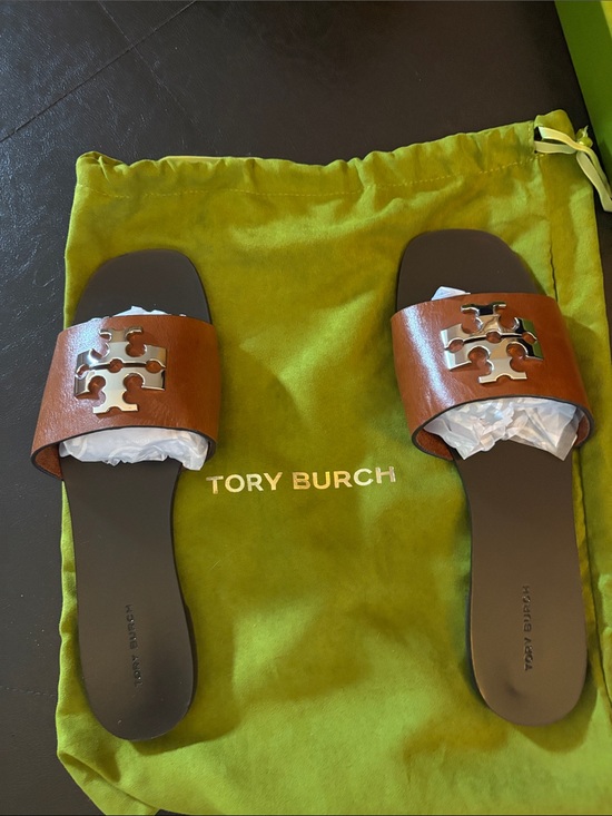 Tory Burch Shoes - Tory Burch Tan Leather Slide Sandals with Silver Logo Hardware brand new